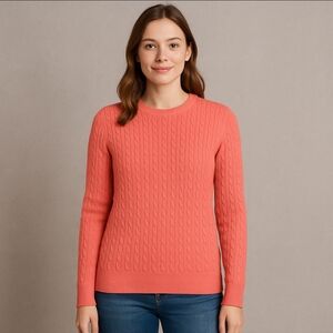 Lands’ End Cable Knit Crewneck Sweater Coral Pink Misses L NWT
